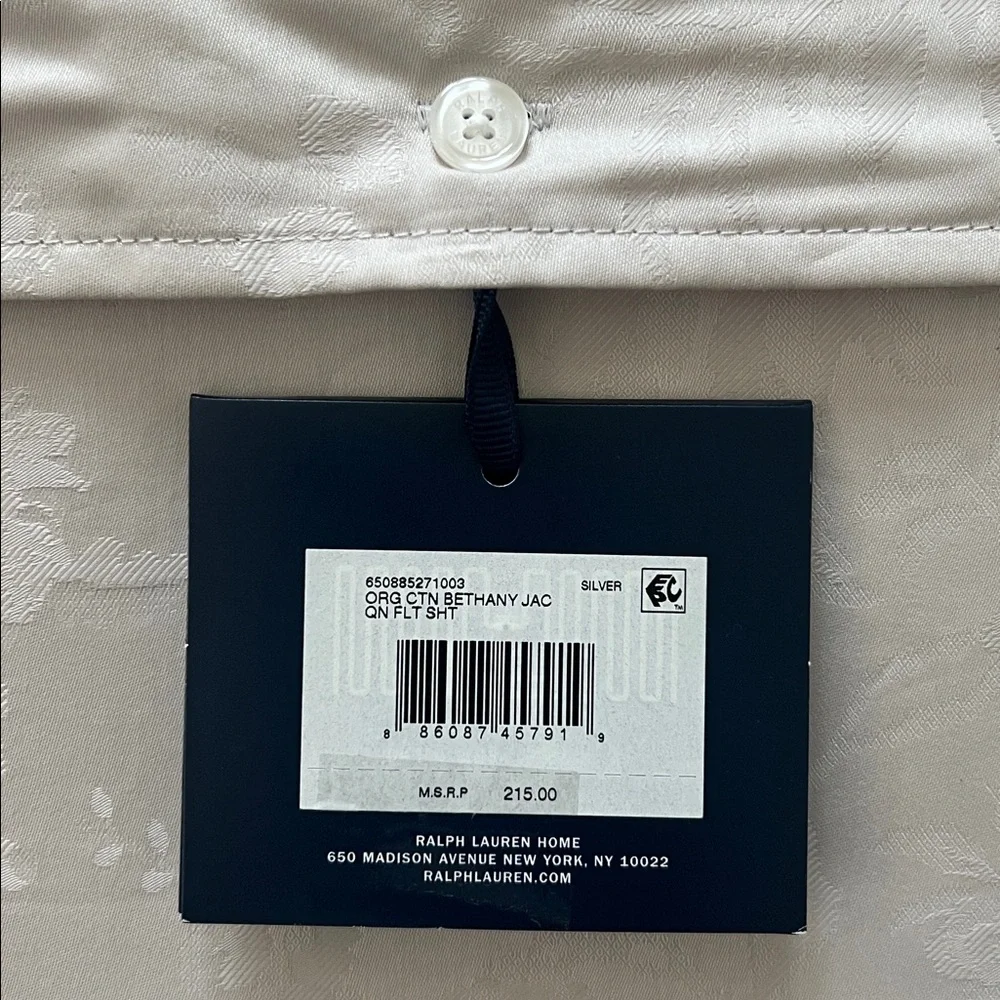 Ralph Lauren Home Organic Cotton Bethany Jacquard Silver Queen Flat Sheet, NWT